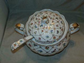 4 Pc.  Heirloom Toyo Soup Tureen w/ Lid Platter Ladle Hand Painted Floral Design 2