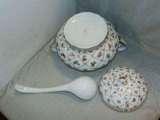 4 Pc.  Heirloom Toyo Soup Tureen w/ Lid Platter Ladle Hand Painted Floral Design 4