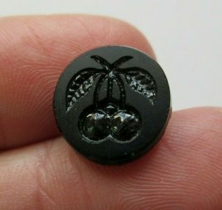 Delightful Small Antique Vtg Victorian Black Glass Picture Button Cherries (c)