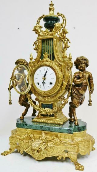 Cherub Angel Bronze Ormolu & Marble Mantel Clock Set 8 Day Ting Tang Striking 11