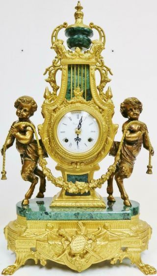 Cherub Angel Bronze Ormolu & Marble Mantel Clock Set 8 Day Ting Tang Striking 2
