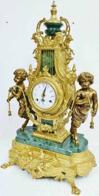 Cherub Angel Bronze Ormolu & Marble Mantel Clock Set 8 Day Ting Tang Striking 8