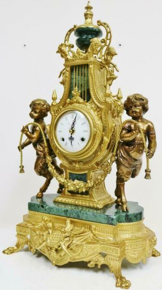 Cherub Angel Bronze Ormolu & Marble Mantel Clock Set 8 Day Ting Tang Striking 9