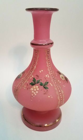Antique Czech Or French Pink Opaline Glass Perfume Bottle Hand Painted 8 "