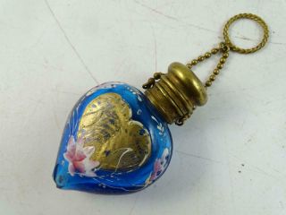 Antique Victorian Blue Art Glass Enamel Brass Perfume Bottle Vintage 1800s Vtg