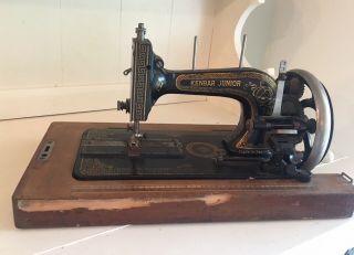 Antique 1930 Kenbar Junior Crank Sewing Machine In Carry Case Made In Saxony