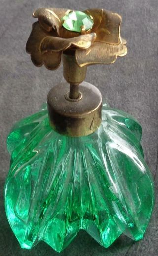 Vintage Green Glass Perfume Bottle - Metal Gold Tone Floral - Pattern