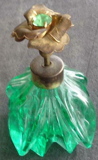 Vintage Green Glass Perfume Bottle - Metal Gold Tone Floral - PATTERN 2