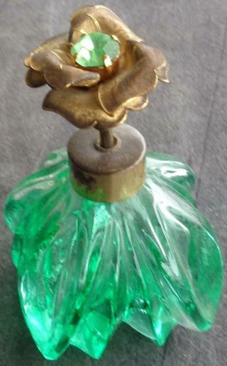 Vintage Green Glass Perfume Bottle - Metal Gold Tone Floral - PATTERN 3