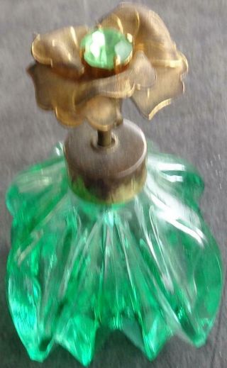 Vintage Green Glass Perfume Bottle - Metal Gold Tone Floral - PATTERN 4