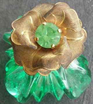 Vintage Green Glass Perfume Bottle - Metal Gold Tone Floral - PATTERN 5