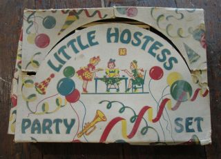 HAZEL ATLAS LITTLE HOSTESS MULTI COLORED CHILD ' S TEA DISH SET 1940 ' S w ORIG.  BOX 2
