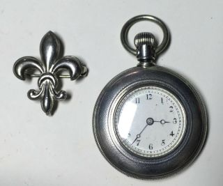 1895 Elgin Coin Silver Pendant Watch Fleur De Lis Chatelaine Watch 3/0 Demi