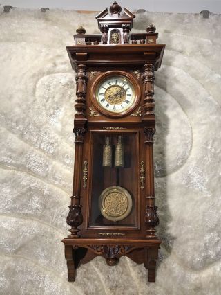 ANTIQUE GUSTAV BECKER GERMANEY VIENNA STRIKES CLOCK W 2 BRASS WEIGH & PENDULUM 11