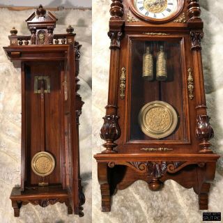 ANTIQUE GUSTAV BECKER GERMANEY VIENNA STRIKES CLOCK W 2 BRASS WEIGH & PENDULUM 12