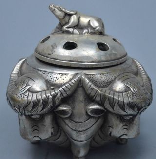 Collectable Delicate Old Miao Silver Carve Ancient Four Bull Rare Incense Burner 4