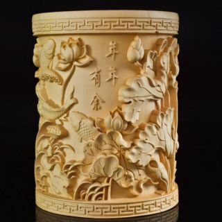 Old Chinese Boxwood Hand Carved Fish & Lotus Exquisite Brush Pot Rn