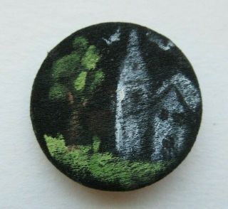 Lovely Antique Vtg Hand Painted Silk Fabric Picture Button Cottages 7/8 " (l)