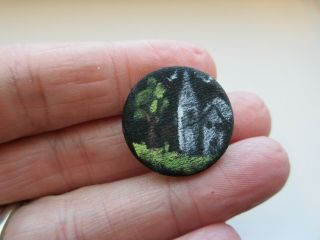 Lovely Antique Vtg Hand Painted Silk Fabric Picture BUTTON Cottages 7/8 