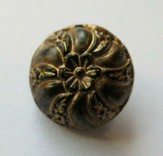 Antique Vtg Victorian Black Glass Button W/ Gold Luster Flower (b)