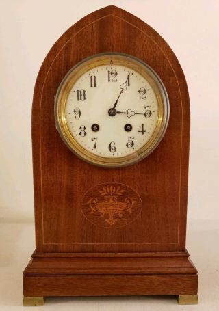 Antique French Victorian Inlaid Mahogany Gothic Tombstone Mantel Clock