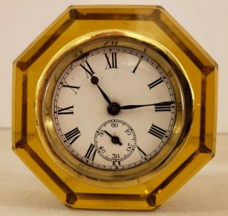Antique 1881 E.  N.  Welch Victorian Amber Glass Octagon Paperweight Clock