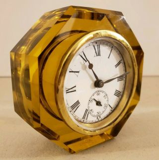 Antique 1881 E.  N.  Welch Victorian Amber Glass Octagon Paperweight Clock 2