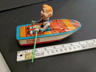 Vintage Tin Toy Wind Up Boy In Boat 8 " Very Ko Japan See Photos
