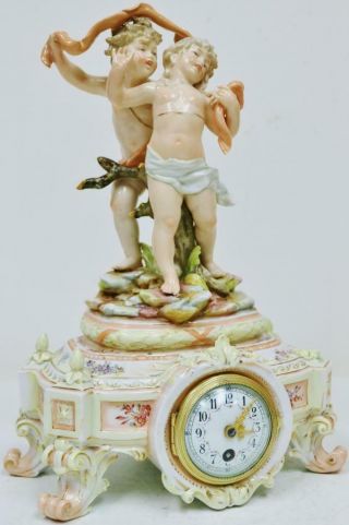 Rare Antique Meissen Mantel Clock Hard Paste Porcelain 8 Day Cherub Angel Figure