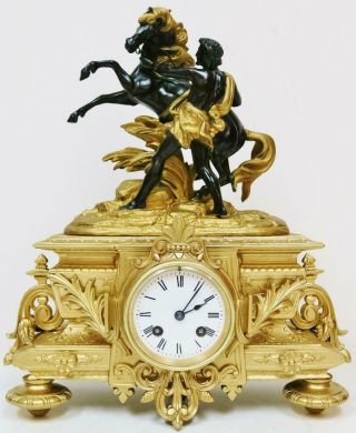 Rare Stunning Antique French Mantel Clock 8 Day Gilt Metal Marly Horse & Trainer
