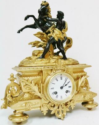 Rare Stunning Antique French Mantel Clock 8 Day Gilt Metal Marly Horse & Trainer 2