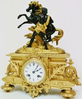 Rare Stunning Antique French Mantel Clock 8 Day Gilt Metal Marly Horse & Trainer 4