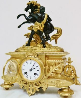 Rare Stunning Antique French Mantel Clock 8 Day Gilt Metal Marly Horse & Trainer 8