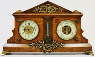 Antique French 8 Day Oak & Bronze Combination Mantel Clock Barometer Thermometer