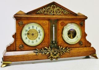 Antique French 8 Day Oak & Bronze Combination Mantel Clock Barometer Thermometer 2