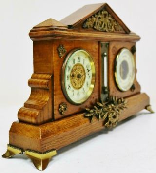 Antique French 8 Day Oak & Bronze Combination Mantel Clock Barometer Thermometer 3