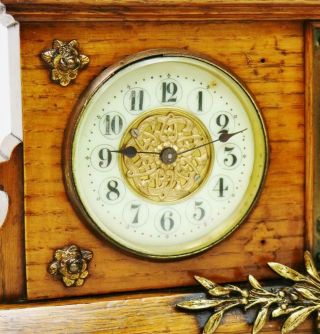 Antique French 8 Day Oak & Bronze Combination Mantel Clock Barometer Thermometer 5