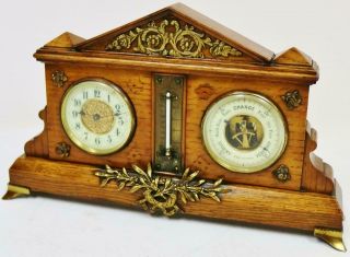 Antique French 8 Day Oak & Bronze Combination Mantel Clock Barometer Thermometer 7