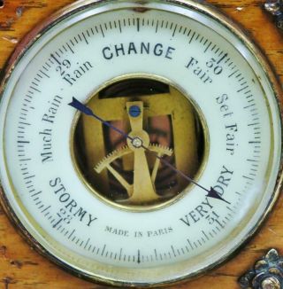 Antique French 8 Day Oak & Bronze Combination Mantel Clock Barometer Thermometer 8