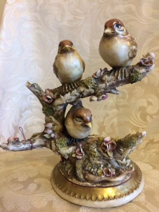 Vintage Antonio Borsato Porcelain Statue 3 Birds On A Limb.  Signed.  Italy