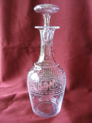 Antique Boston And Sandwich Flint Glass? Engraved Greek Key Small Decanter 8 "