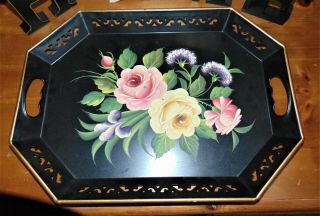 Large (18 " X 13.  5 ") Vintage Antique Hand Painted Reticulated Tole Toleware Tray