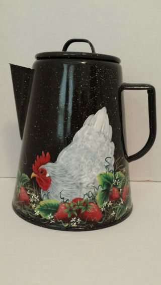 Vintage Enamel Coffee Pot Hen Strawberries Hand Painted Folk Art By T.  Mc Murry