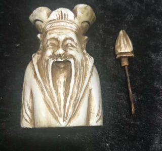 Vintage Hand Carved Bone Snuff Bottle Figural Chinese Man W/ Stopper Spoon