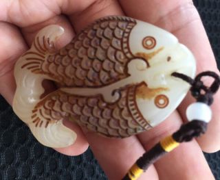 Fine Old Two - Sided Hand - Carved Chinese Hetian White Jade Pendant - Two Fish Aaaa
