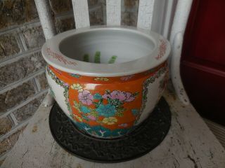 Lovely Vintage Chinese Porcelain Koi Fish Hand - Painted Bowl Planter Estate Jar