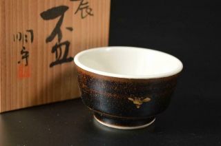 T7298: Japan Kiyomizu - Ware Dragon Flower Pattern Sake Cup Sakazuki W/signed Box