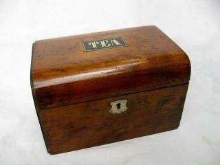 Antique Victorian English Wood Round Top Tea Caddy Box With Plaque