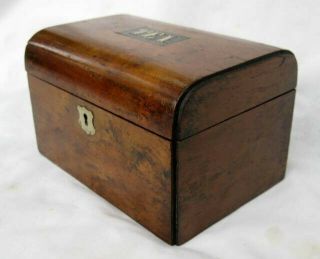 ANTIQUE VICTORIAN ENGLISH WOOD ROUND TOP TEA CADDY BOX WITH PLAQUE 3