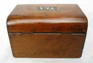 ANTIQUE VICTORIAN ENGLISH WOOD ROUND TOP TEA CADDY BOX WITH PLAQUE 4